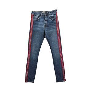 Zara Basic Denim Z1975 Jeans Skinny Leg Ankle Red Stripe Stretch Blue Women Sz 4